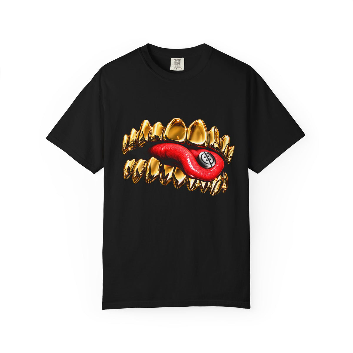 Gold Grill Lip Graphic T-Shirt — Red Tongue Coin Streetwear Tee