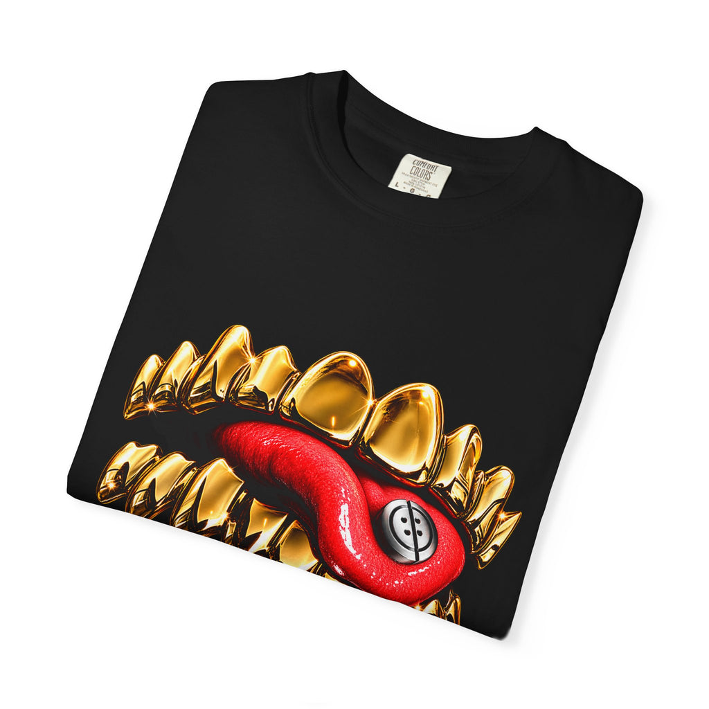 Gold Grill Lip Graphic T-Shirt — Red Tongue Coin Streetwear Tee