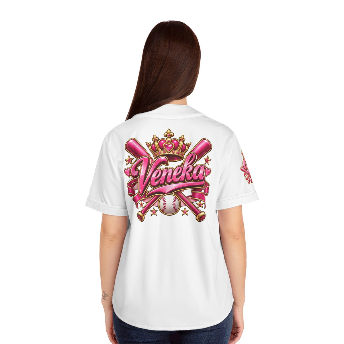 Women's Pink Crown Baseball Jersey — "Veneka" Script Sports Tee