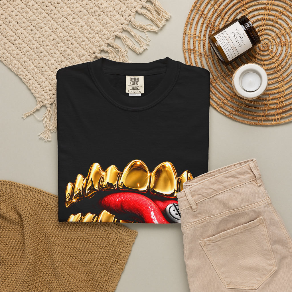 Gold Grill Lip Graphic T-Shirt — Red Tongue Coin Streetwear Tee