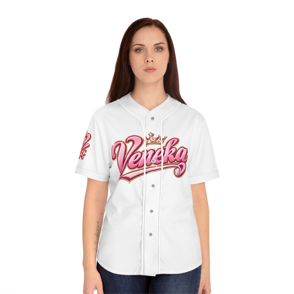 Women's Pink Crown Baseball Jersey — "Veneka" Script Sports Tee