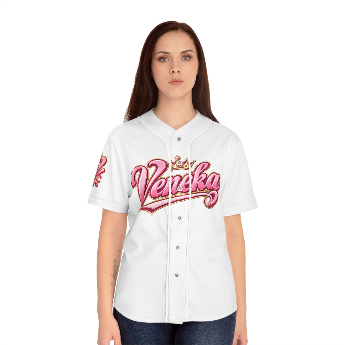 Women's Pink Crown Baseball Jersey — "Veneka" Script Sports Tee